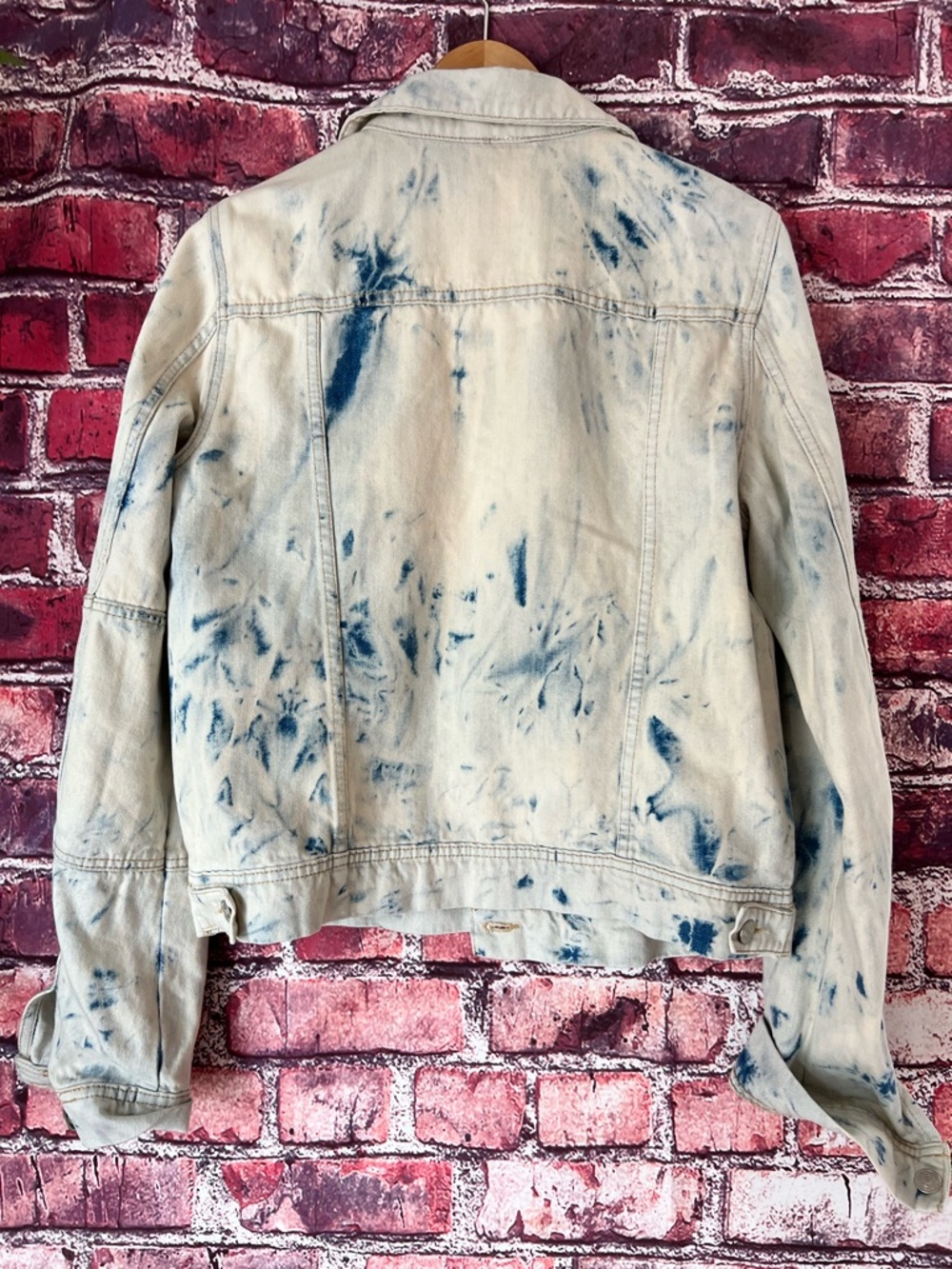 Free People Bleached Denim Jacket with Blue Tie-Dye Spots - Picture 5 of 5